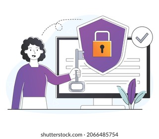 Concept Of Privacy Policy. Girl Stands With Key In Front Of Shield. Protection Of Personal Information, Security On Internet. Computer Data, Desktop Or Laptop. Cartoon Flat Vector Illustration