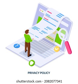 Concept of privacy policy and terms of use. Man reads an agreement in front of a computer. Vector illustration in isometric style on white background.