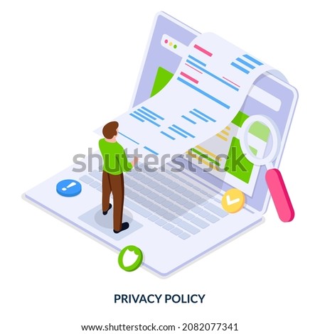 Concept of privacy policy and terms of use. Man reads an agreement in front of a computer. Vector illustration in isometric style on white background.