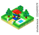 The concept of a private house with a swimming pool assembled from multi-colored blocks for printing and decoration.Vector illustration.