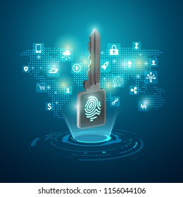 Concept Of Private Key Or Cyber Security, Realistic Futuristic Key With Business Finance Icons