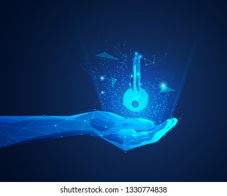 Concept Of Private Key In Digital Technology World, Polygon Hand Holding Futuristic Key