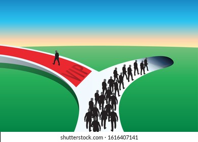 Concept of privilege and inequality with a group of people descending in a tunnel, while a single man takes the opposite direction by walking on a red carpet.