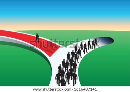 Concept of privilege and inequality with a group of people descending in a tunnel, while a single man takes the opposite direction by walking on a red carpet.