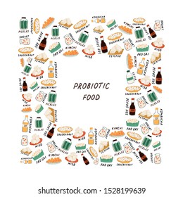 Concept with probiotic foods. Square frame with space for text. Fermented foods and milk daires. Concept of healthy food for strong immune system and weight loss