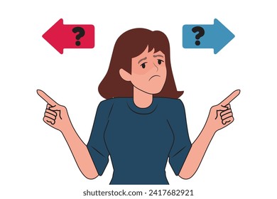 concept of problem, Choice, thinking and doubt. Young pensive, pensive, confused, doubtful woman cartoon character standing and choosing between two colors or ways pointing