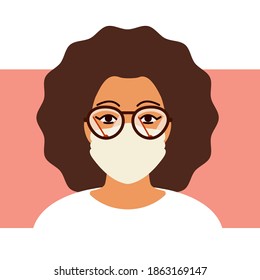 Concept problem of fogging lenses when wearing glasses and mask in cold time. Portrait of woman in glasses with wipers wiping condensation. Vector flat illustration on pink background