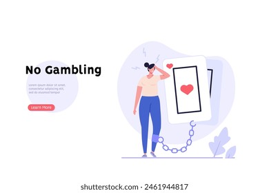 Concept of problem gambling, ludomania, behavioral addictions. Man addicted by betting suffering gambling addiction with playing cards. Vector illustration in flat design for web banner, UI