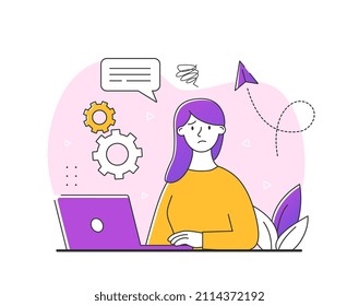 Concept of problem. Girl sits alone in front of laptop. Student sad because of her studies, failure at work, technical malfunction and viruses. Depression and sorrow. Cartoon flat vector illustration