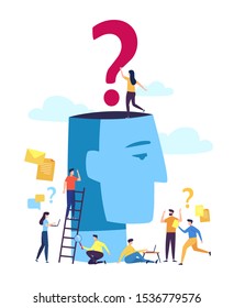 Concept of a problem or hard decision. Giant head with question mark and small people around it. Flat vector modern illustration in cartoon style