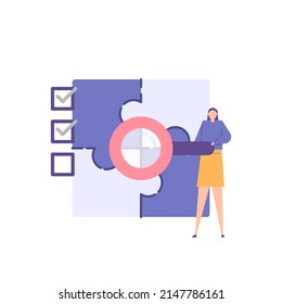 el concepto de identificación y análisis de problemas. la gente usa una lupa para investigar e investigar un problema. estudio de caso. ilustración de caricatura plana. diseño de concepto vectorial