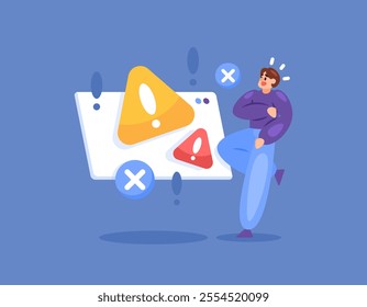 concept of problem notification. error detected. error in system and software. warning sign appears on window. illustration of a man getting danger warning. flat style design. element