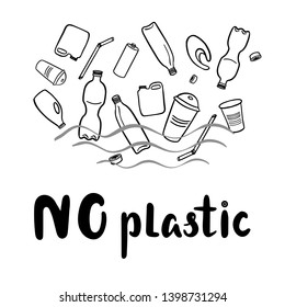 The concept of the problem of pollution. The image of plastic objects and a polyethylene package in the form of black contour silhouettes and an inscription call for stopping the use of such materials