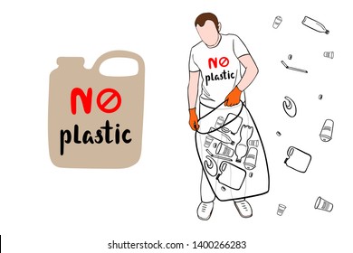 The concept of the problem of pollution. The image of a plastic bottle in the form of a beige silhouette with the inscription - without plastic and the silhouette of a man collecting garbage in a cont