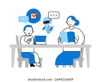 Conceito: Resolução de Problemas.  Personagens de desenhos animados chefes de Pessoas usando IA. Ilustrações em close de uma gestão segura e solidária da aprendizagem para crianças com IA. Ilustração vetorial.