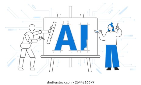 Conceito: Resolução de Problemas.  Uma coleção de chefes de personagens de desenhos animados de Pessoas usando IA. Ilustrações em close da IA como um parceiro gentil para os artistas. Ilustração vetorial.