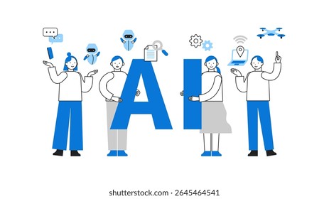 Conceito: Resolução de Problemas.  Uma coleção de chefes de personagens de desenhos animados de Pessoas usando IA. Inclui perfis de rosto, avatares e ícones. Ilustrações em close de pessoas com inteligência artificial (AI-Friendly People). Ilustração vetorial.