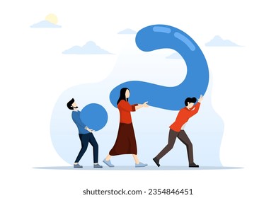 concept of problem solving, finding a solution to a difficulty, teamwork to solve a problem or answer, confusion or exchanging ideas, business colleagues help bring a big question mark.