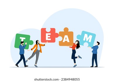 Concept of problem solving, management, smart planning, Colleagues designing effective solutions to work problems, Team of business people or business partners putting together a jigsaw puzzle.