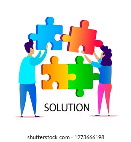 Concept of problem solving, strategy building, development flat design illustration with two characters man and woman who put the pieces of the puzzle. Modern flat design UI UX gradient illustration