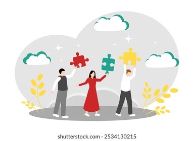 The concept of problem solving and teamwork. People with puzzles.