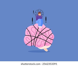 concept of problems and thinking. having problems. complicated, stress, depression, frustration, crisis. mental and psychological. illustration of a man with a brain entangled with ropes. flat style