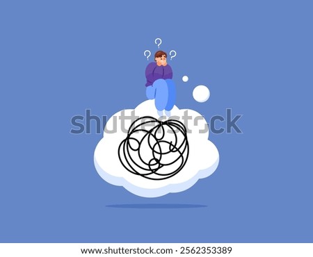concept of problems and thoughts. having problems. complicated, stress, depression, frustration, crisis. mental and psychological. illustration of a man sitting confused. flat style design. elements