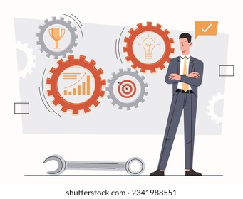 Concept of process concept. Businessman in suit at background of coghweels and gears. Automation and production. Organization of effective workflow. Cartoon flat vector illustration