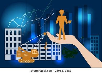 Concept of process improvement and productivity growth. Effective processes and business. Hand holds the builder as the main participant of the process.