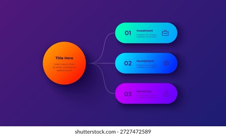 Concept Process Infographic with Central Hub and Three Connected Steps, Business Workflow Diagram on Dark Gradient Background for Development and Marketing