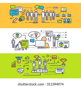 Concept of process of successful teamwork. Business strategy, idea and solution, growth and progress, partnership management, development creative illustration. Set of thin, lines, outline flat icons