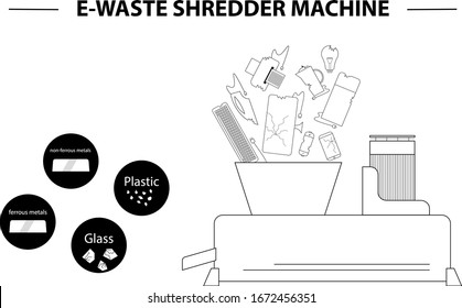 The concept of processing electronic waste by means of shredding machine  and further extraction of secondary resources. Waste sorting and recycling. Flat line design style black white illustration
