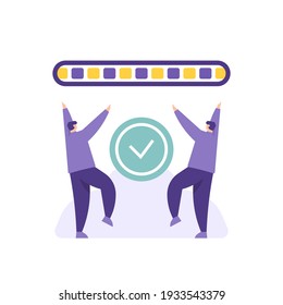 the concept of processing, loading, updating. illustration of two people dancing happy because the repair process has been completed or successful. flat style. vector design