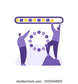 the concept of processing, loading, updating. illustration of two people processing or arranging a finished bar. cooperate or teamwork. flat style. vector design
