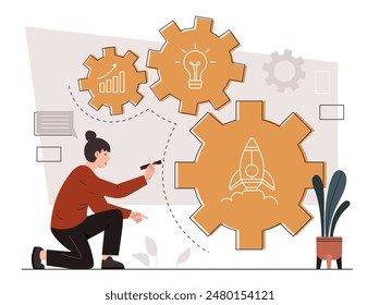 Concept of processing. Woman sitting near gears and coghweels. Businesswoman and entrepreneur with idea for start up or business project. Cartoon flat vector illustration isolated on white background