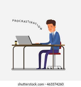 Concept of procrastination. Bored office worker procrastinating behind his desk. Flat design, vector illustration.