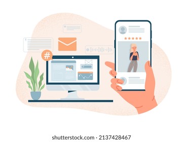 Concept of procrastination. Character sits in social media at workplace. Lack of motivation and lazy person. Dependence on gadgets, modern technologies and Internet. Cartoon flat vector illustration