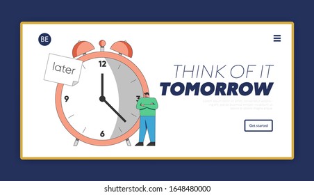 Concept of Procrastination, Deadline and Time Waste. Website Landing Page. Businessman Is Delaying the Work For Later Standing Near Big Alarm Clock. Web Page Outline Linear Flat Vector Illustration.