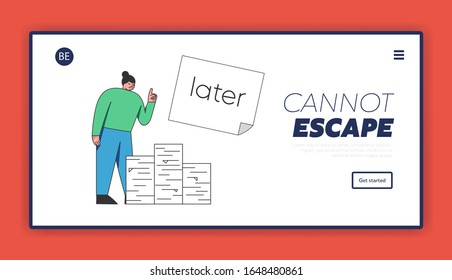 Concepto de retraso, plazo y desperdicio de tiempo. Página de inicio del sitio web. La mujer retrasa el trabajo de papel para más adelante. Ilustración de vectores planos lineales de esquema de página Web.