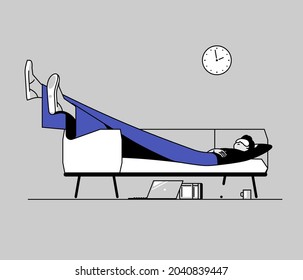 Concept of procrastination, idleness, break time. Tired office worker sleeps at work. Vector line illustration