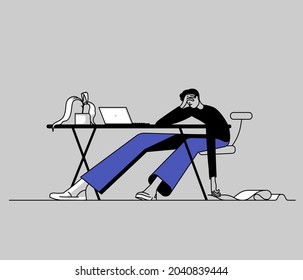 Concept of procrastination, job burnout, overload. Tired office worker sits by desk with laptop and long list of work tasks. Vector line illustration