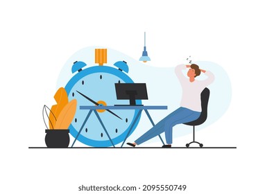 Concept of procrastination. Man delay tasks. Guy sits on background of clock, metaphor of lazy people. Employee in no hurry to meet deadline. Burnout, stress, useless. Cartoon flat vector illustration