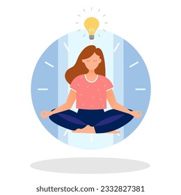 Concept of procrastination and proper time management. Young woman sitting in lotus position and meditates. Time for work and rest concept. Flat vector illustration in cartoon style