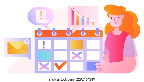 Concept of procrastination. Sad woman stands near calendar and looks at outstanding tasks. Psychological problems, poor time management and inefficient workflow. Cartoon flat vector illustration