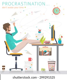 Concept Of Procrastination. Worker And His Business. Flat Vector Illustration.