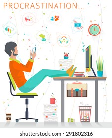 Concept Of Procrastination. Worker Shelves His Business. Flat Vector Illustration.