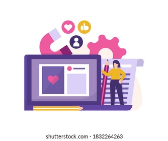the concept of product content management on social media. laptop illustration, standing woman, paper assignment, pencil, magnet. audience symbol, heart and thumbs. digital marketing manager. flat