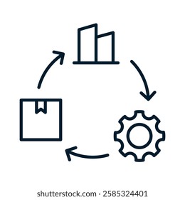 Concept of product delivery scheme. Vector linear icon isolated on white background.