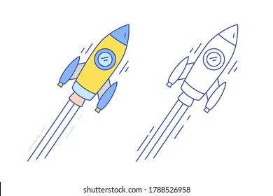 Concept of product development, project launching, startup. Colorful, monochrome flying spaceship, spacecraft, shuttle, moon rocket icon. Vector line art illustration isolated on white background