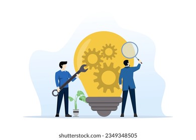concept of product development, research and optimization for new product launch development process, management or productivity, businessman with magnifying glass with light bulb idea with gears.